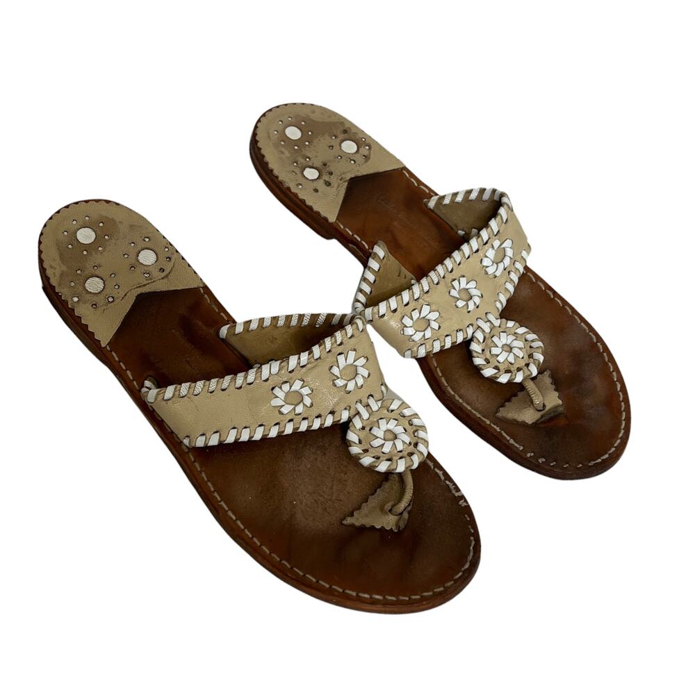 Palm Beach Co. Women's Flat Sandals Tan White‎ Whipstitch 100% Leather Size 8